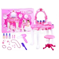 Žaislinis rožinis kosmetinis staliukas su priedais mergaitėms